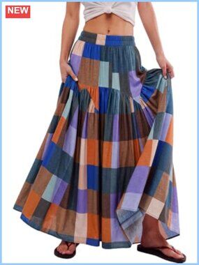 Boho Plaid High Waist Ruched A-Line Tiered Maxi Skirt Polyester